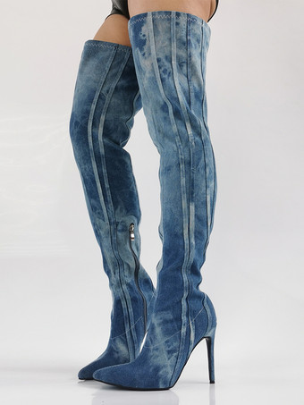 デニムサイハイブーツ、ブルーのポインテッドトゥ、ストライプ柄ハイヒール、オーバーニーブーツ