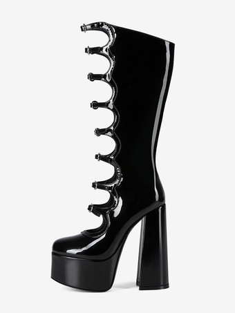 ブラックニーハイブーツ プラスサイズ プラットフォーム ラウンドトゥ バックルディテール チャンキーヒールブーツ