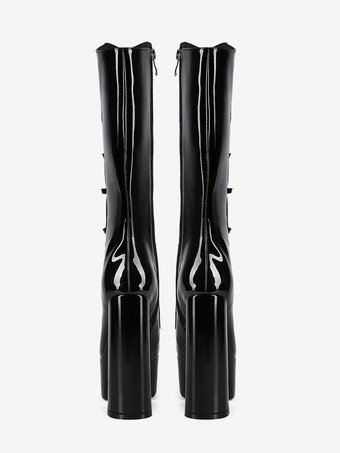 ブラックニーハイブーツ プラスサイズ プラットフォーム ラウンドトゥ バックルディテール チャンキーヒールブーツ