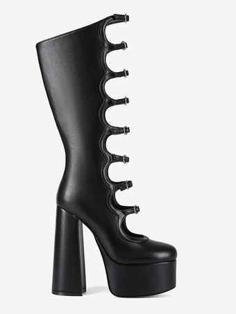 ブラックニーハイブーツ プラスサイズ プラットフォーム ラウンドトゥ バックルディテール チャンキーヒールブーツ