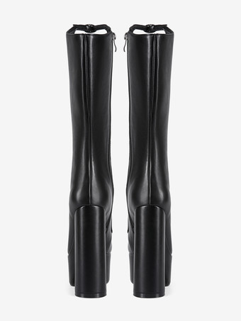 ブラックニーハイブーツ プラスサイズ プラットフォーム ラウンドトゥ バックルディテール チャンキーヒールブーツ