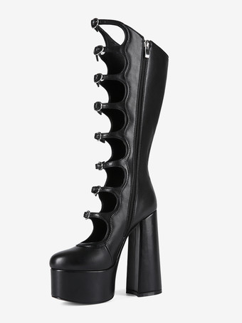 ブラックニーハイブーツ プラスサイズ プラットフォーム ラウンドトゥ バックルディテール チャンキーヒールブーツ