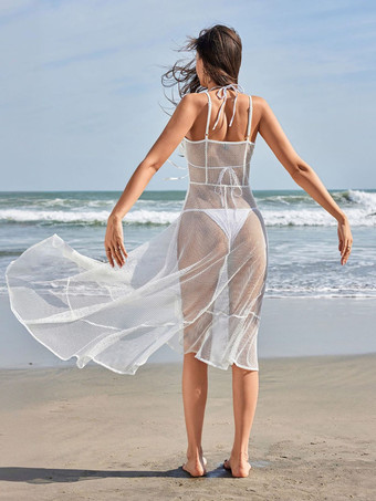 フラワーディテールとイレギュラーヘムのホワイトシースルーカバーアップビーチミディドレス 2025