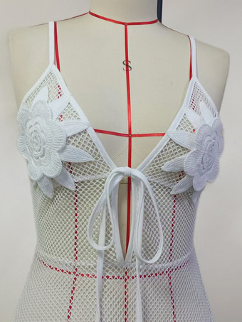 フラワーディテールとイレギュラーヘムのホワイトシースルーカバーアップビーチミディドレス 2025