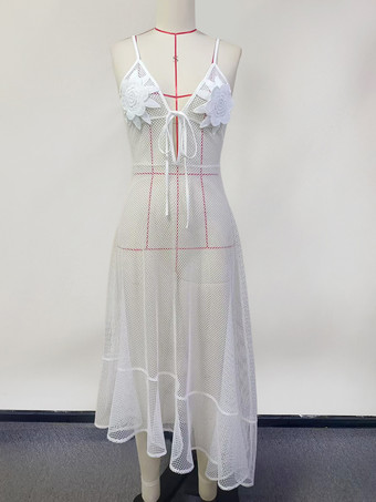 フラワーディテールとイレギュラーヘムのホワイトシースルーカバーアップビーチミディドレス 2025