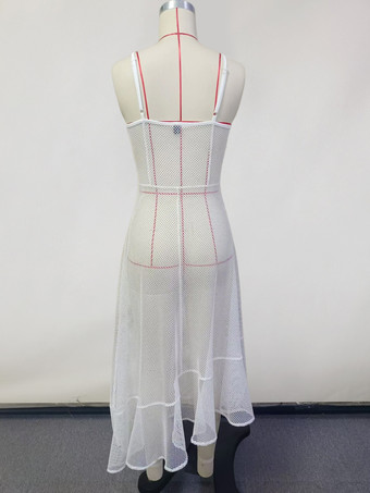 フラワーディテールとイレギュラーヘムのホワイトシースルーカバーアップビーチミディドレス 2025