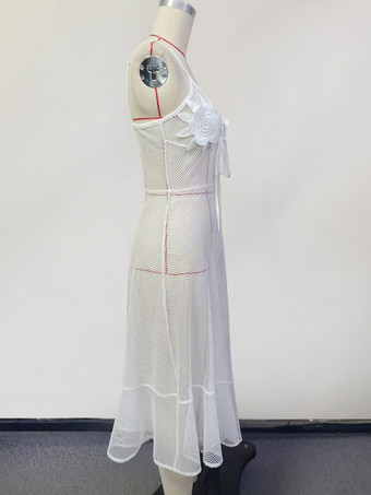 フラワーディテールとイレギュラーヘムのホワイトシースルーカバーアップビーチミディドレス 2025