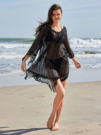 ブラック 2025年夏のビーチにぴったりな、フリンジ裾の黒いカバーアップ