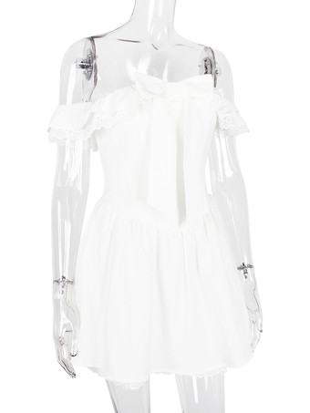 フリルトリム付きホワイトオフショルダーミニドレス 2025