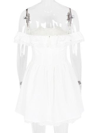 フリルトリム付きホワイトオフショルダーミニドレス 2025