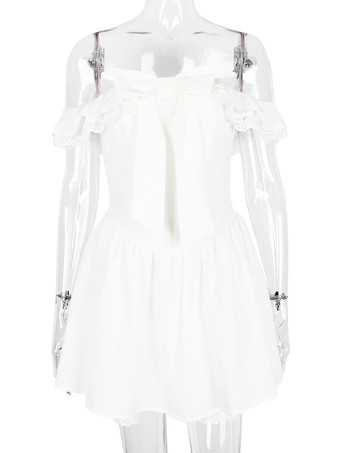 フリルトリム付きホワイトオフショルダーミニドレス 2025