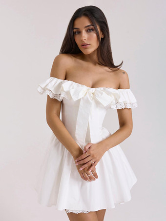 フリルトリム付きホワイトオフショルダーミニドレス 2025