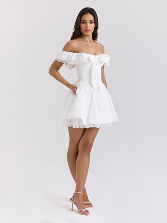 フリルトリム付きホワイトオフショルダーミニドレス 2025