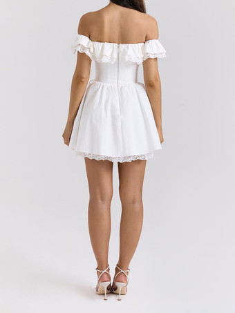 フリルトリム付きホワイトオフショルダーミニドレス 2025