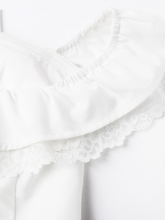 フリルトリム付きホワイトオフショルダーミニドレス 2025