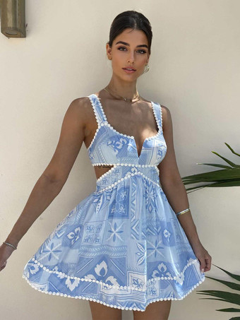 カットアウトウエストとVネックのプリントノースリーブAラインミニドレス 2025