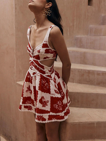 カットアウトウエストと深いVネックのプリントノースリーブミニドレス 2025