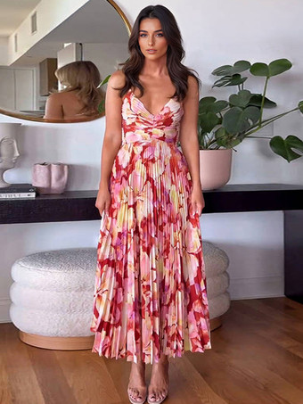 2025年夏向け花柄Vネックロングスリップドレス