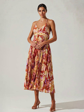 ワインレッド 2025年夏向け花柄Vネックロングスリップドレス