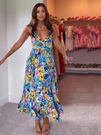 2025年夏向け花柄Vネックロングスリップドレス