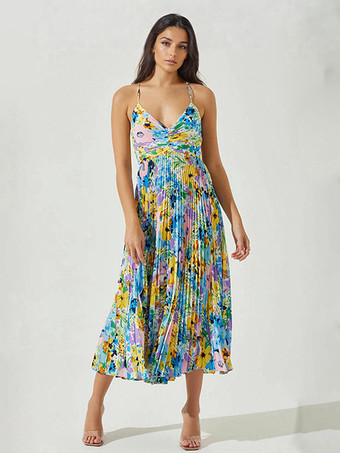 ブルー 2025年夏向け花柄Vネックロングスリップドレス