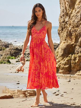 レッド 2025年夏向け花柄Vネックロングスリップドレス