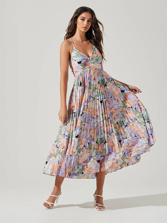 パープル 2025年夏向け花柄Vネックロングスリップドレス