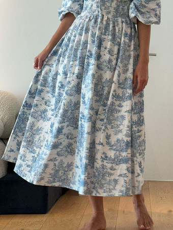 パフスリーブシャーリングロングボヘミアンドレス（スクエアネック）2025