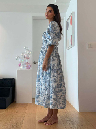 パフスリーブシャーリングロングボヘミアンドレス（スクエアネック）2025