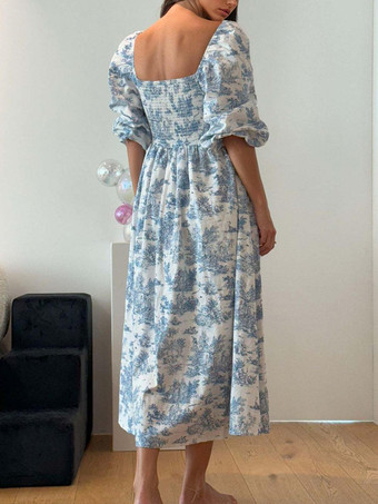 パフスリーブシャーリングロングボヘミアンドレス（スクエアネック）2025