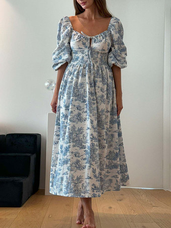 ブルー パフスリーブシャーリングロングボヘミアンドレス（スクエアネック）2025