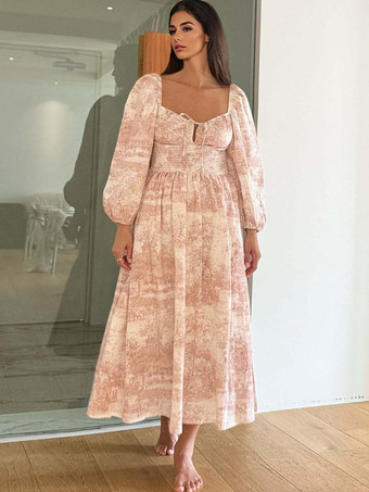 レッド パフスリーブシャーリングロングボヘミアンドレス（スクエアネック）2025