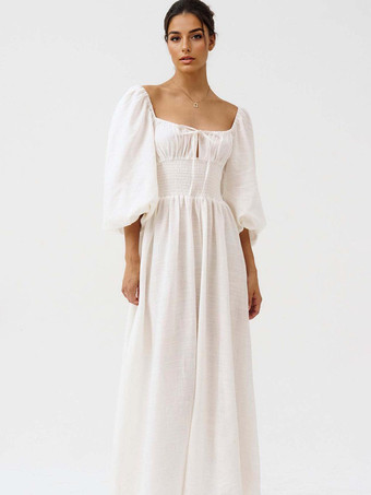 パフスリーブシャーリングロングボヘミアンドレス（スクエアネック）2025