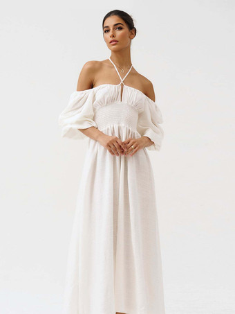 ホワイト パフスリーブシャーリングロングボヘミアンドレス（スクエアネック）2025