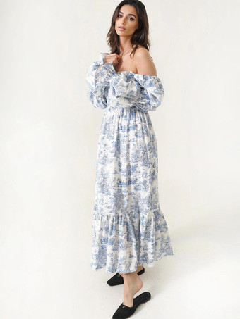 オフショルダーのプリントパフスリーブロングドレス 2025