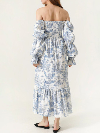 オフショルダーのプリントパフスリーブロングドレス 2025