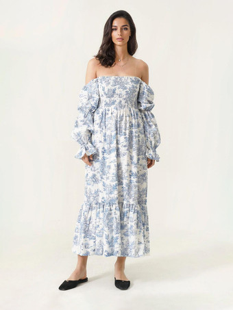 ブルー オフショルダーのプリントパフスリーブロングドレス 2025