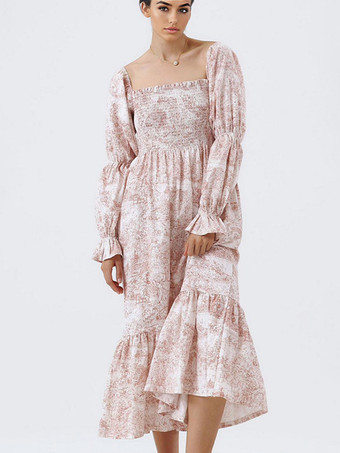 レッド オフショルダーのプリントパフスリーブロングドレス 2025