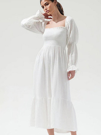 ホワイト オフショルダーのプリントパフスリーブロングドレス 2025