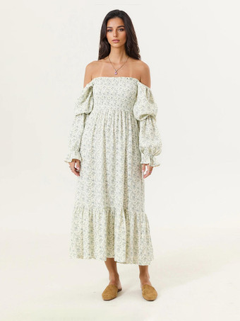 ライトグリーン オフショルダーのプリントパフスリーブロングドレス 2025