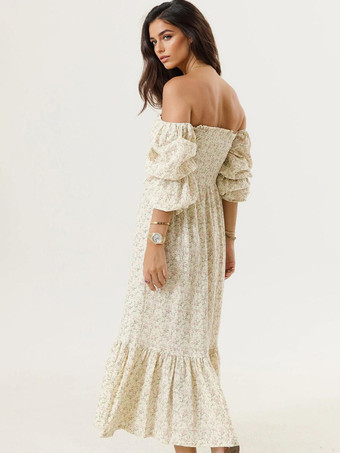 オフショルダーのプリントパフスリーブロングドレス 2025