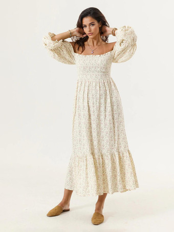 アプリコットオフショルダーのプリントパフスリーブロングドレス 2025