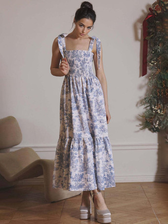 2025年夏向け、風景プリントのスクエアネックシャーリングロングドレス