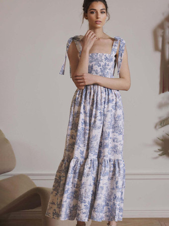 2025年夏向け、風景プリントのスクエアネックシャーリングロングドレス