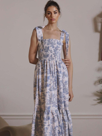 2025年夏向け、風景プリントのスクエアネックシャーリングロングドレス