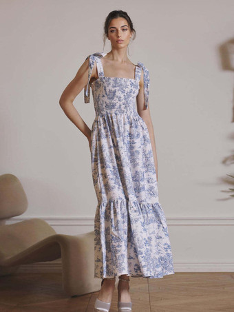 ブルー 2025年夏向け、風景プリントのスクエアネックシャーリングロングドレス