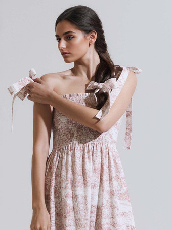 2025年夏向け、風景プリントのスクエアネックシャーリングロングドレス