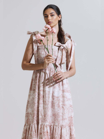 2025年夏向け、風景プリントのスクエアネックシャーリングロングドレス