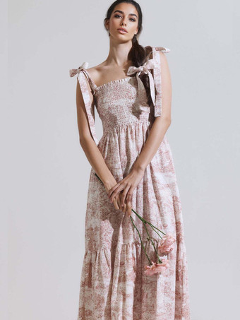 2025年夏向け、風景プリントのスクエアネックシャーリングロングドレス