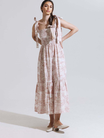 2025年夏向け、風景プリントのスクエアネックシャーリングロングドレス